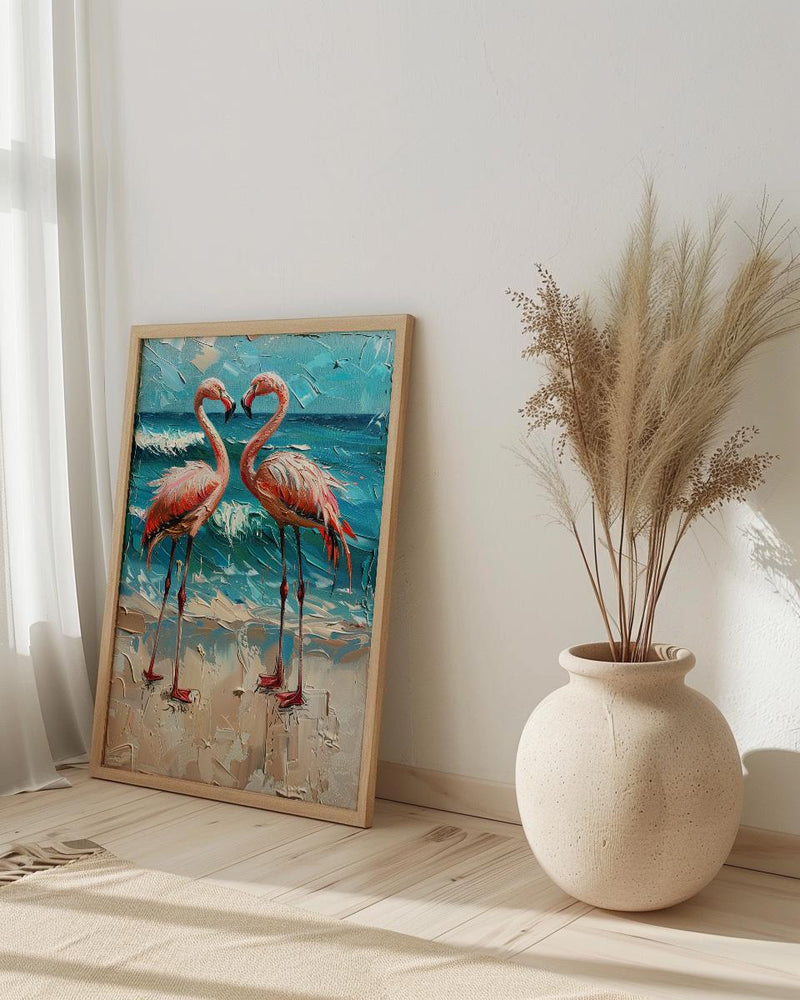 Flamingo Wall Art, Aruba Beach Print, Pink Bird Decor, Impasto Oil Painting, Tropical Paradise, Summer Gift, Wedding Gift