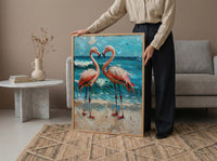 Flamingo Wall Art, Aruba Beach Print, Pink Bird Decor, Impasto Oil Painting, Tropical Paradise, Summer Gift, Wedding Gift