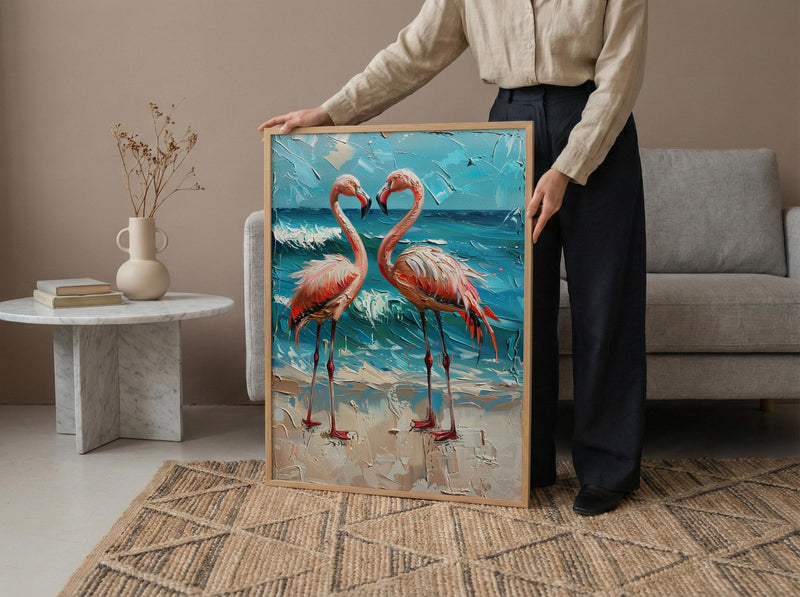 Flamingo Wall Art, Aruba Beach Print, Pink Bird Decor, Impasto Oil Painting, Tropical Paradise, Summer Gift, Wedding Gift