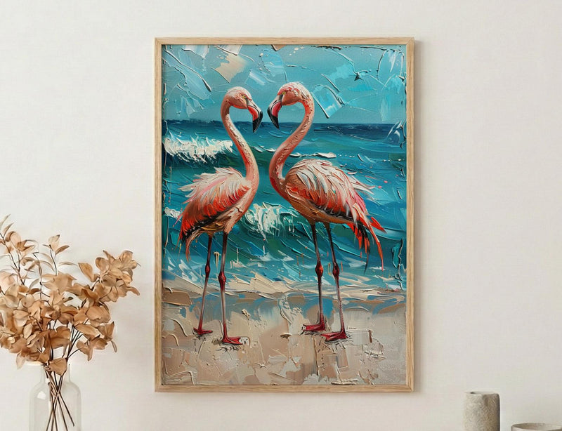 Flamingo Wall Art, Aruba Beach Print, Pink Bird Decor, Impasto Oil Painting, Tropical Paradise, Summer Gift, Wedding Gift