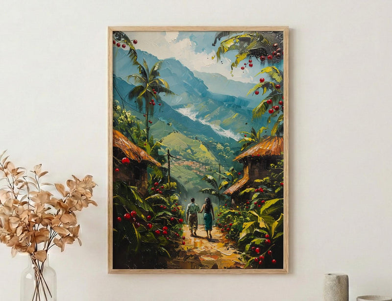 Coffee Farm Art, Colombia Landscape, Green Plantation, Impasto Oil Painting, Morning Mist, Kitchen Decor, Anniversary Gift