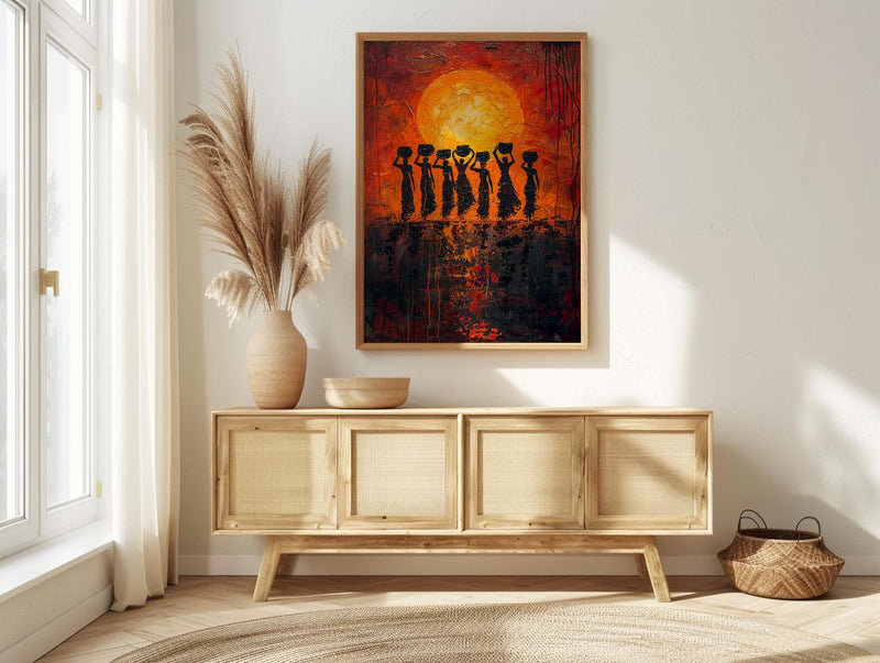 African Women Oil Painting Print, Tribal Sunset Poster, Red Orange Impasto Wall Art, Cultural Silhouette, Heavy Texture Look Art
