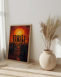African Women Oil Painting Print, Tribal Sunset Poster, Red Orange Impasto Wall Art, Cultural Silhouette, Heavy Texture Look Art
