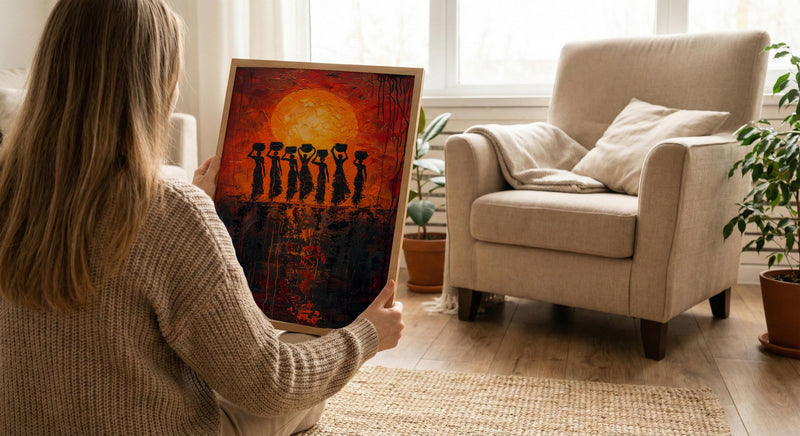 African Women Oil Painting Print, Tribal Sunset Poster, Red Orange Impasto Wall Art, Cultural Silhouette, Heavy Texture Look Art