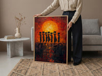 African Women Oil Painting Print, Tribal Sunset Poster, Red Orange Impasto Wall Art, Cultural Silhouette, Heavy Texture Look Art