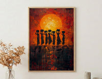 African Women Oil Painting Print, Tribal Sunset Poster, Red Orange Impasto Wall Art, Cultural Silhouette, Heavy Texture Look Art