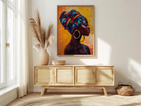 African Woman Oil Painting Poster, Colorful Headwrap Art Print, Gold Earrings Wall Art, Impasto Style Portrait, Vibrant Decor