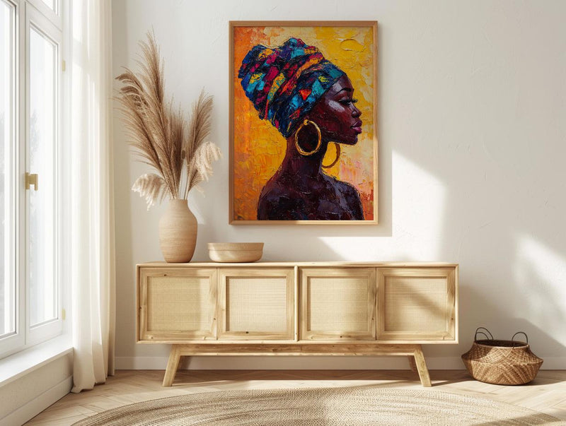African Woman Oil Painting Poster, Colorful Headwrap Art Print, Gold Earrings Wall Art, Impasto Style Portrait, Vibrant Decor