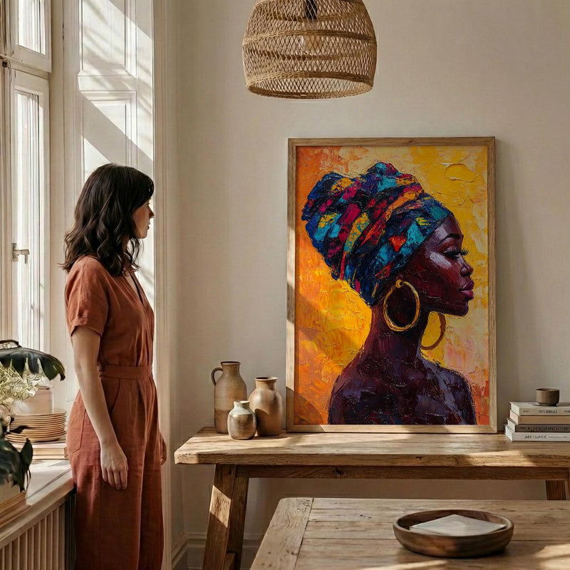 African Woman Oil Painting Poster, Colorful Headwrap Art Print, Gold Earrings Wall Art, Impasto Style Portrait, Vibrant Decor