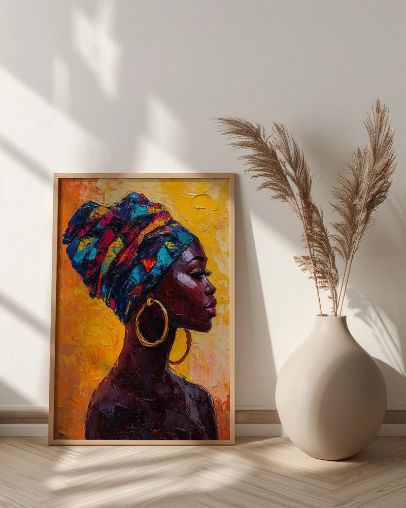 African Woman Oil Painting Poster, Colorful Headwrap Art Print, Gold Earrings Wall Art, Impasto Style Portrait, Vibrant Decor