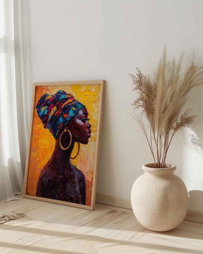 African Woman Oil Painting Poster, Colorful Headwrap Art Print, Gold Earrings Wall Art, Impasto Style Portrait, Vibrant Decor