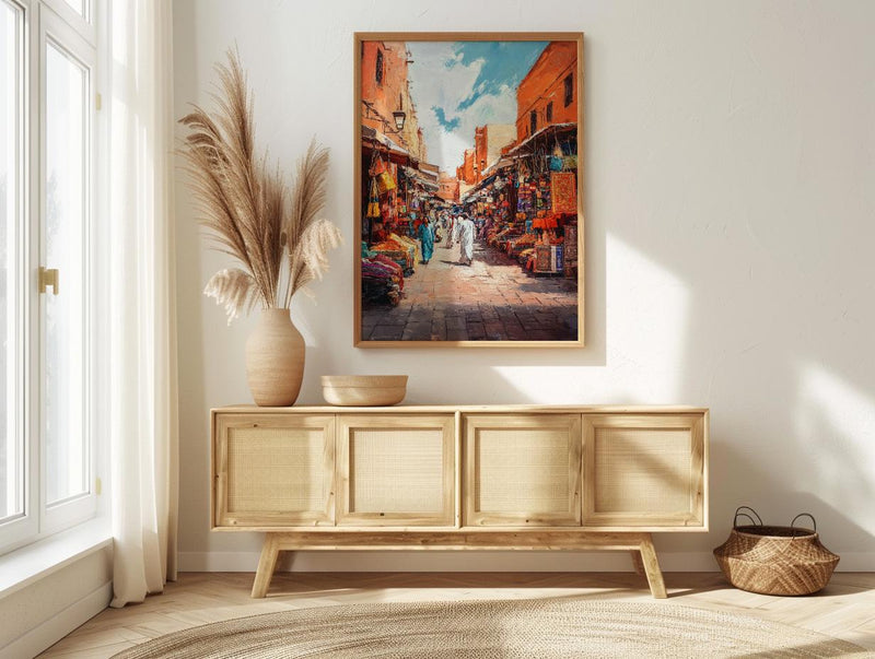 Moroccan Market Oil Painting Poster, Marrakech Medina Art Print, Colorful Souk Bazaar Wall Art, Impasto Travel Decor, Boho Street