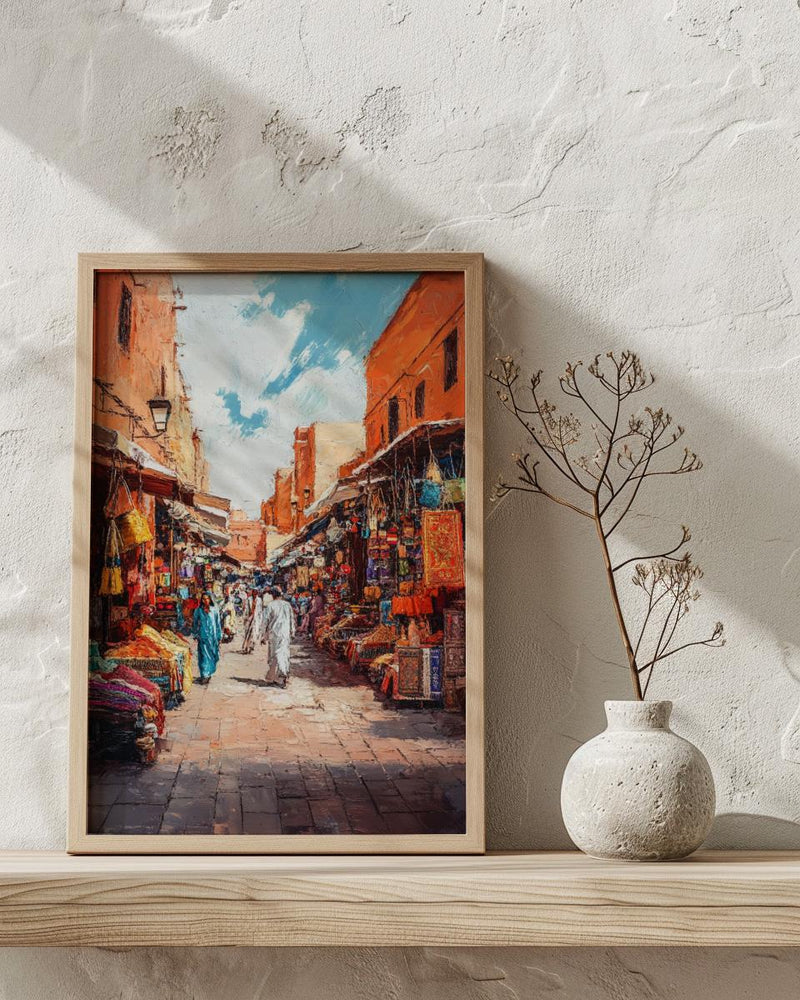 Moroccan Market Oil Painting Poster, Marrakech Medina Art Print, Colorful Souk Bazaar Wall Art, Impasto Travel Decor, Boho Street