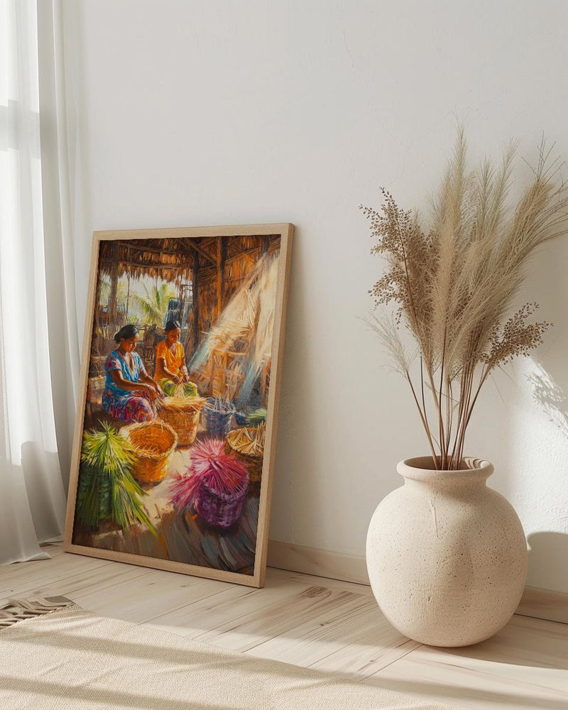 Traditional Village Women Oil Painting Poster, Basket Weaving Art Print, Rustic Hut Wall Art, Tropical Daily Life, Impasto Decor
