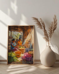 Traditional Village Women Oil Painting Poster, Basket Weaving Art Print, Rustic Hut Wall Art, Tropical Daily Life, Impasto Decor