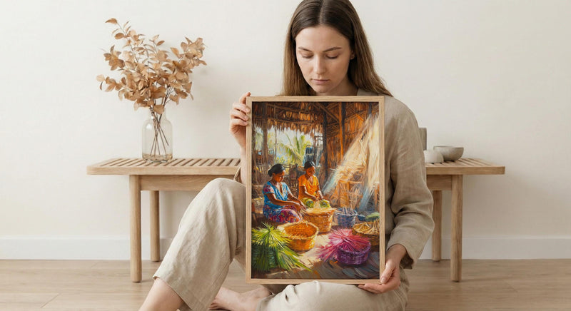 Traditional Village Women Oil Painting Poster, Basket Weaving Art Print, Rustic Hut Wall Art, Tropical Daily Life, Impasto Decor