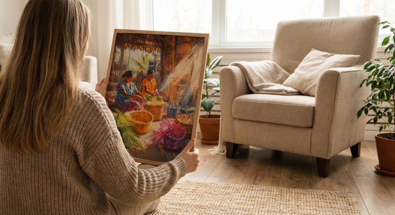 Traditional Village Women Oil Painting Poster, Basket Weaving Art Print, Rustic Hut Wall Art, Tropical Daily Life, Impasto Decor