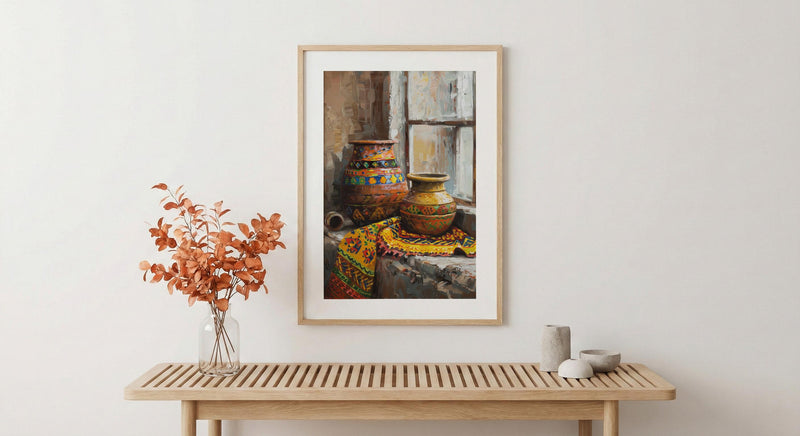 African Pottery Oil Painting Poster, Tribal Vase Art Print, Rustic Still Life Wall Art, Boho Kitchen Decor, Impasto Texture Look