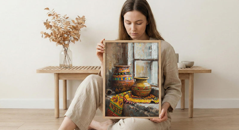 African Pottery Oil Painting Poster, Tribal Vase Art Print, Rustic Still Life Wall Art, Boho Kitchen Decor, Impasto Texture Look