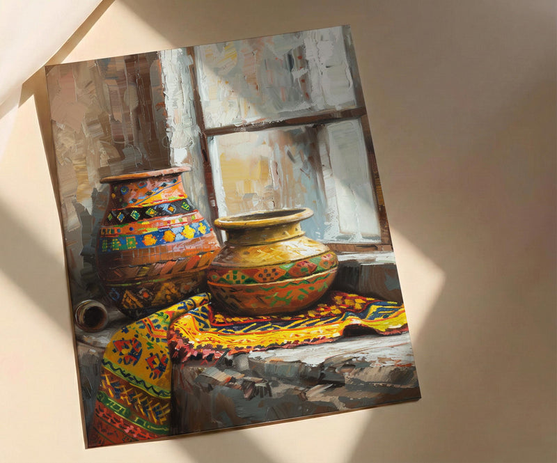 African Pottery Oil Painting Poster, Tribal Vase Art Print, Rustic Still Life Wall Art, Boho Kitchen Decor, Impasto Texture Look