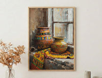 African Pottery Oil Painting Poster, Tribal Vase Art Print, Rustic Still Life Wall Art, Boho Kitchen Decor, Impasto Texture Look