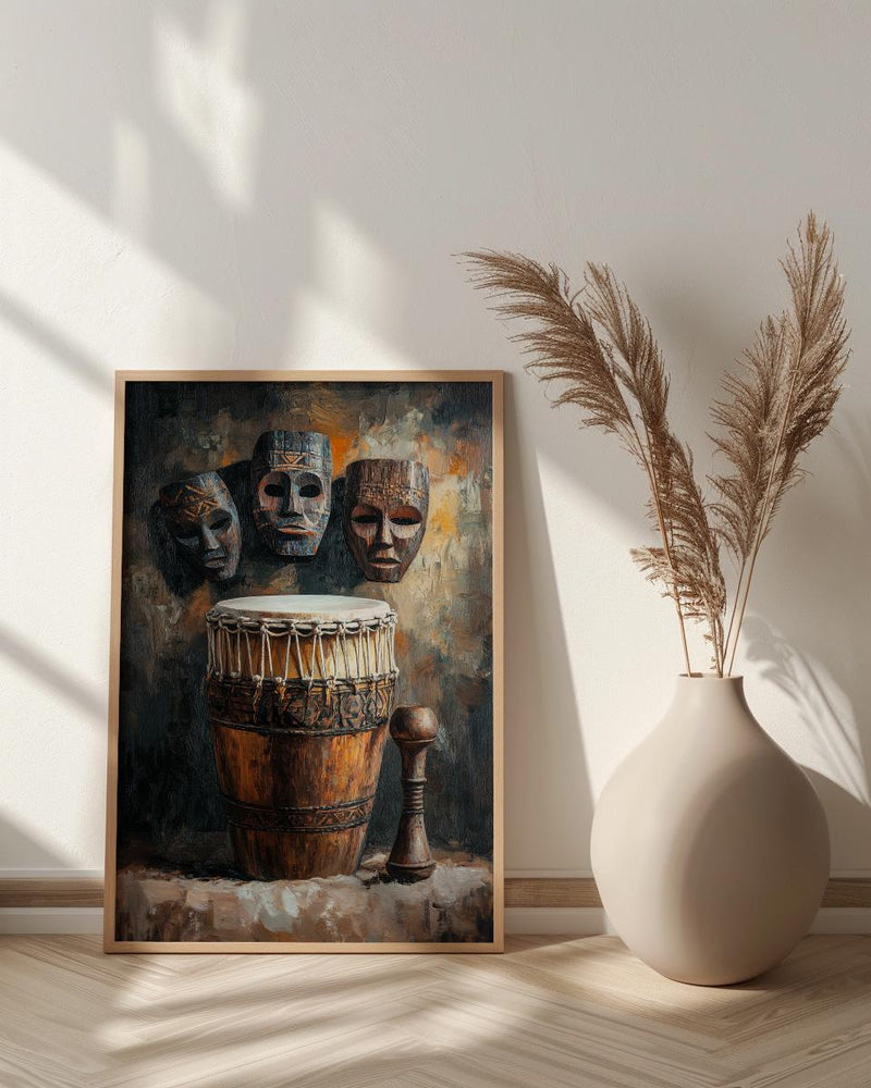 African Tribal Masks Oil Painting Poster, Djembe Drum Art Print, Wooden Music Wall Art, Cultural Heritage Decor, Impasto Texture Look