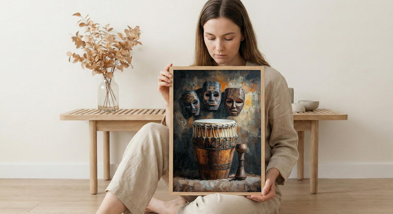 African Tribal Masks Oil Painting Poster, Djembe Drum Art Print, Wooden Music Wall Art, Cultural Heritage Decor, Impasto Texture Look