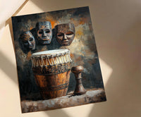 African Tribal Masks Oil Painting Poster, Djembe Drum Art Print, Wooden Music Wall Art, Cultural Heritage Decor, Impasto Texture Look