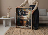 African Tribal Masks Oil Painting Poster, Djembe Drum Art Print, Wooden Music Wall Art, Cultural Heritage Decor, Impasto Texture Look