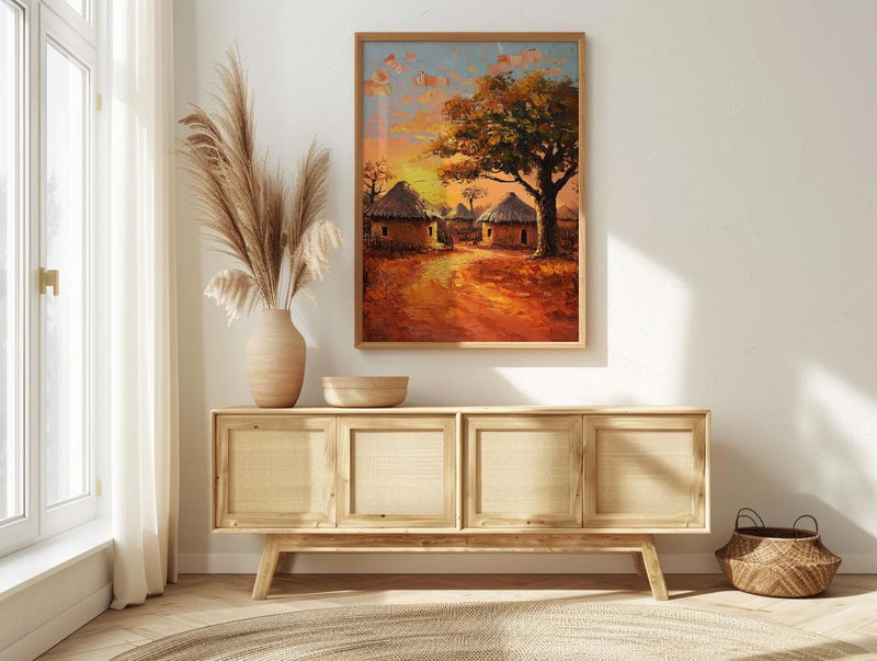 African Village Oil Painting Poster, Tribal Huts Art Print, Savanna Sunset Landscape, Rustic Home Decor, Impasto Texture Look