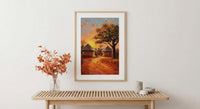 African Village Oil Painting Poster, Tribal Huts Art Print, Savanna Sunset Landscape, Rustic Home Decor, Impasto Texture Look