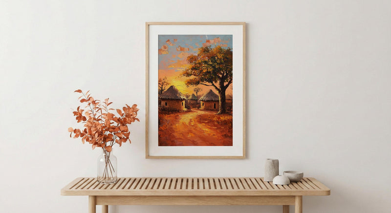 African Village Oil Painting Poster, Tribal Huts Art Print, Savanna Sunset Landscape, Rustic Home Decor, Impasto Texture Look