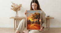 African Village Oil Painting Poster, Tribal Huts Art Print, Savanna Sunset Landscape, Rustic Home Decor, Impasto Texture Look