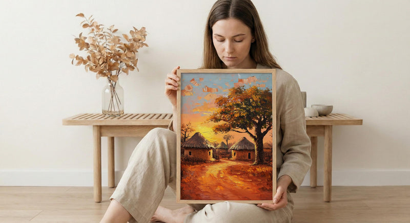African Village Oil Painting Poster, Tribal Huts Art Print, Savanna Sunset Landscape, Rustic Home Decor, Impasto Texture Look