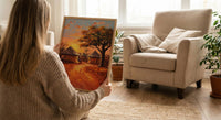 African Village Oil Painting Poster, Tribal Huts Art Print, Savanna Sunset Landscape, Rustic Home Decor, Impasto Texture Look