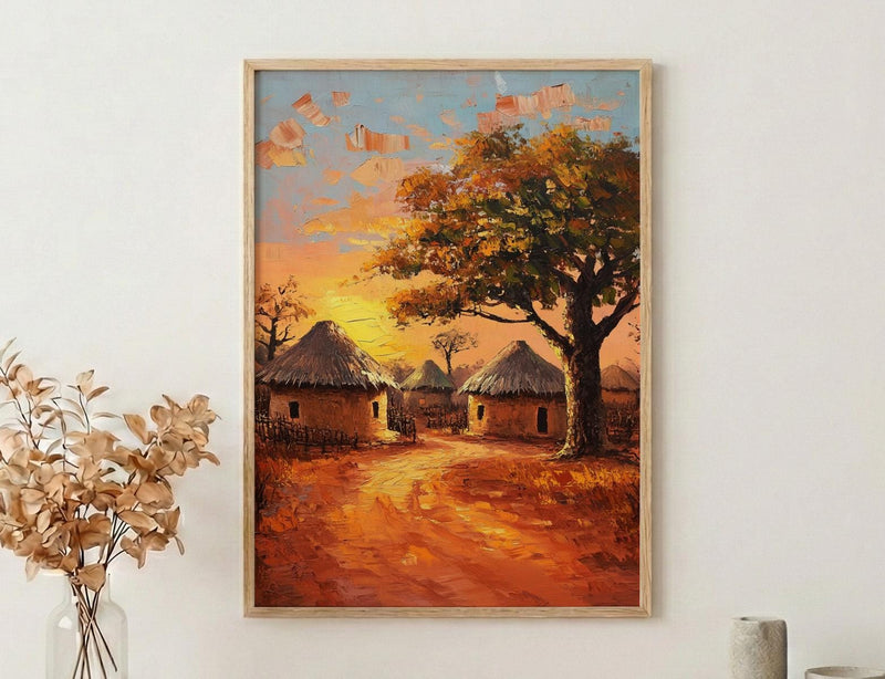 African Village Oil Painting Poster, Tribal Huts Art Print, Savanna Sunset Landscape, Rustic Home Decor, Impasto Texture Look