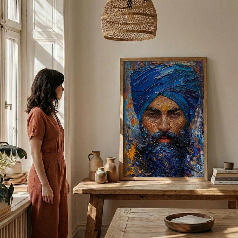 Indian Sikh Man Portrait Oil Painting Poster, Blue Turban Art Print, Bearded Sardar Face, Cultural Wall Art, Impasto Style Decor