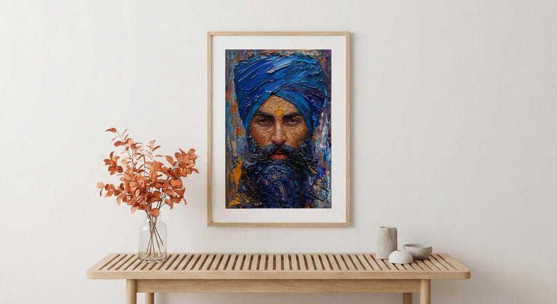 Indian Sikh Man Portrait Oil Painting Poster, Blue Turban Art Print, Bearded Sardar Face, Cultural Wall Art, Impasto Style Decor