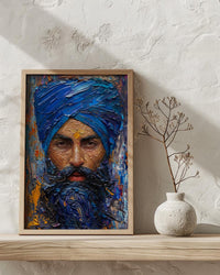 Indian Sikh Man Portrait Oil Painting Poster, Blue Turban Art Print, Bearded Sardar Face, Cultural Wall Art, Impasto Style Decor