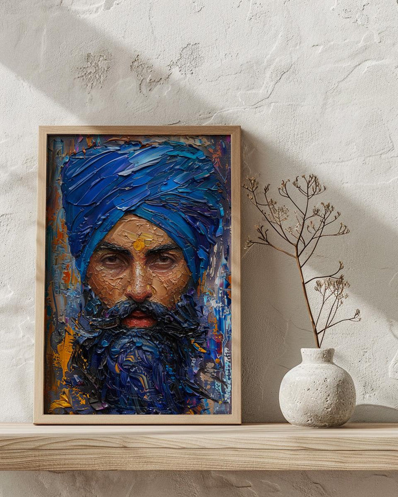 Indian Sikh Man Portrait Oil Painting Poster, Blue Turban Art Print, Bearded Sardar Face, Cultural Wall Art, Impasto Style Decor