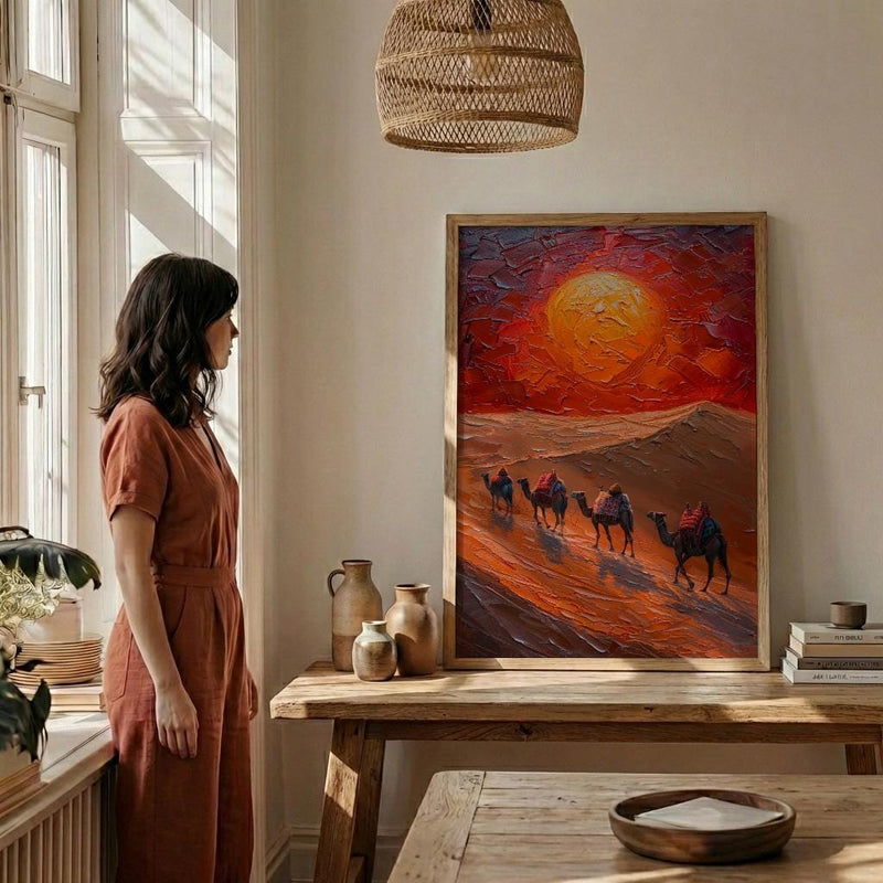 Rajasthan Desert Oil Painting Poster, Camel Caravan Art Print, Thar Sunset Wall Art, India Travel Decor, Red Sun Impasto Style