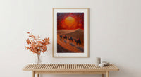 Rajasthan Desert Oil Painting Poster, Camel Caravan Art Print, Thar Sunset Wall Art, India Travel Decor, Red Sun Impasto Style