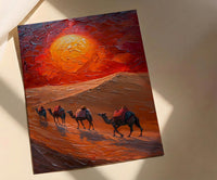 Rajasthan Desert Oil Painting Poster, Camel Caravan Art Print, Thar Sunset Wall Art, India Travel Decor, Red Sun Impasto Style
