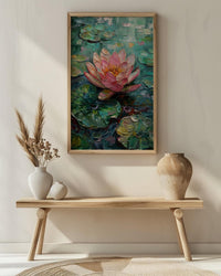 Indian Lotus Flower Oil Painting Poster, Pink Water Lily Art Print, Spiritual Zen Wall Art, Pond Landscape, Impasto Style Floral Decor