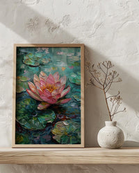 Indian Lotus Flower Oil Painting Poster, Pink Water Lily Art Print, Spiritual Zen Wall Art, Pond Landscape, Impasto Style Floral Decor