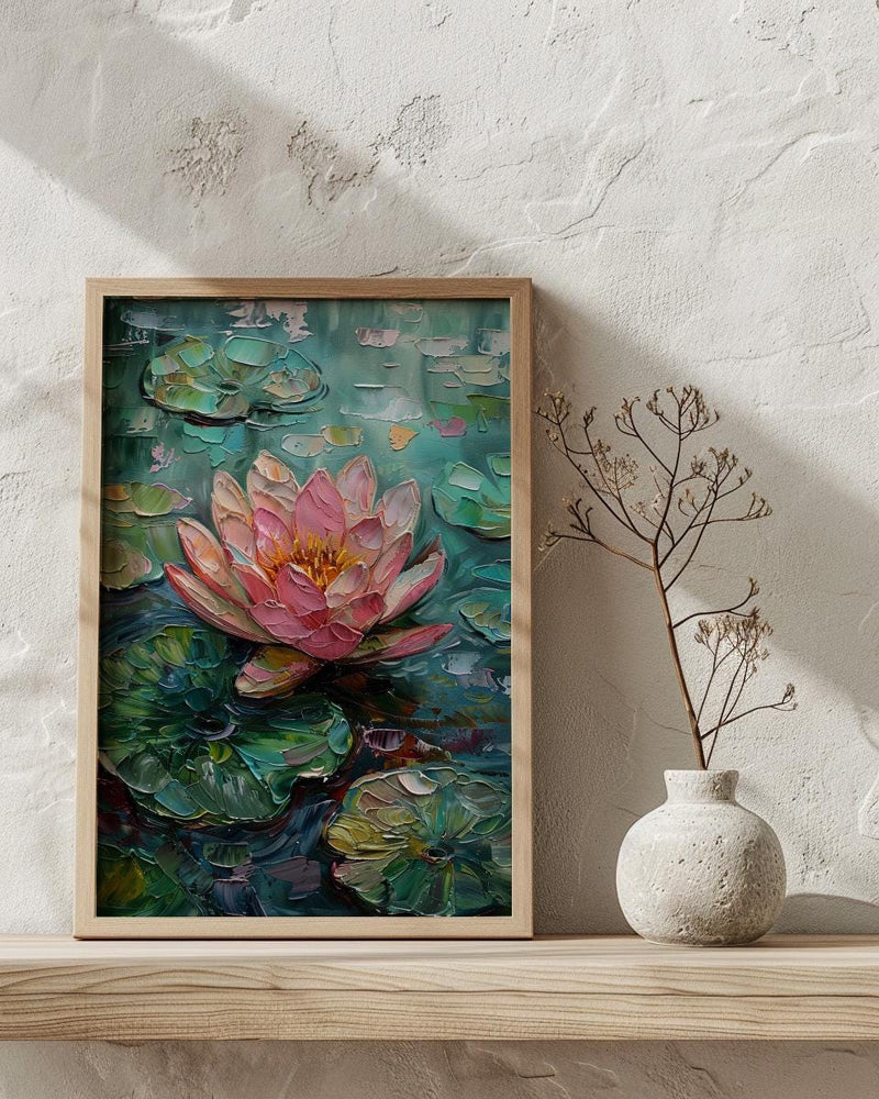 Indian Lotus Flower Oil Painting Poster, Pink Water Lily Art Print, Spiritual Zen Wall Art, Pond Landscape, Impasto Style Floral Decor