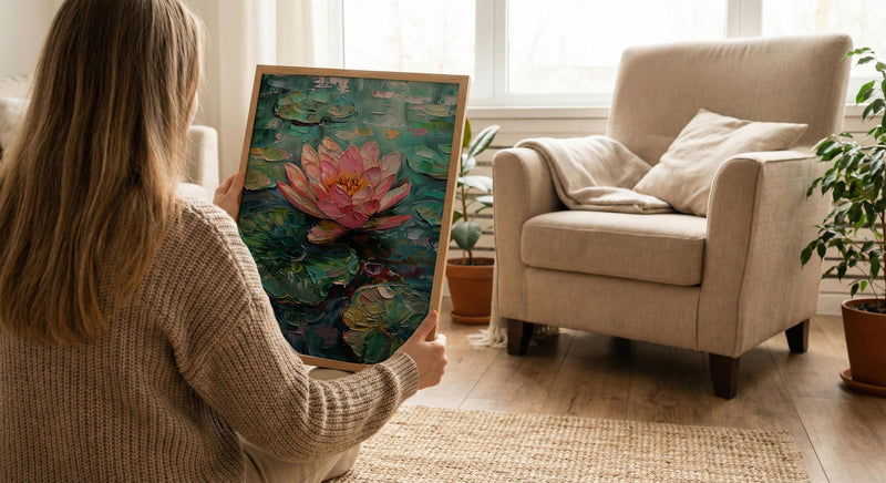 Indian Lotus Flower Oil Painting Poster, Pink Water Lily Art Print, Spiritual Zen Wall Art, Pond Landscape, Impasto Style Floral Decor