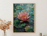 Indian Lotus Flower Oil Painting Poster, Pink Water Lily Art Print, Spiritual Zen Wall Art, Pond Landscape, Impasto Style Floral Decor