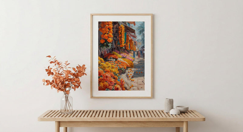 Indian Flower Market Oil Painting Poster, Marigold Street Art Print, Vibrant India Wall Art, Colorful Bazaar Decor, Impasto Floral Print