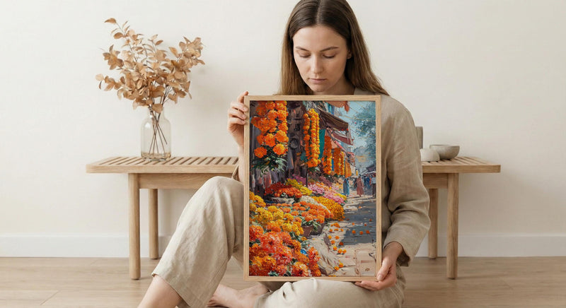 Indian Flower Market Oil Painting Poster, Marigold Street Art Print, Vibrant India Wall Art, Colorful Bazaar Decor, Impasto Floral Print